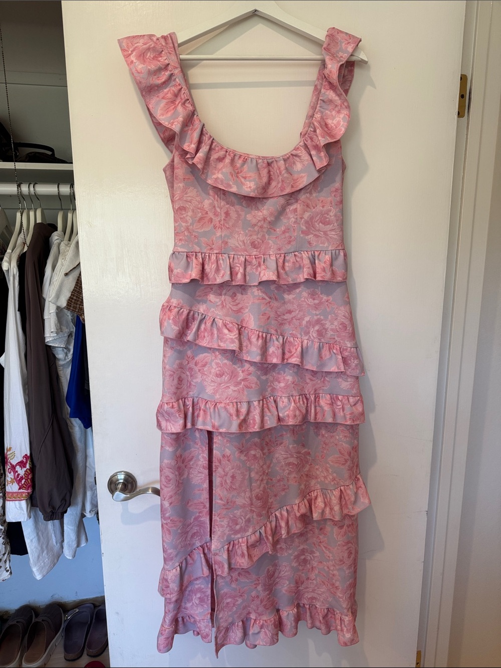 Show Me Your MuMu Pink Floral Ruffle Midi Dress